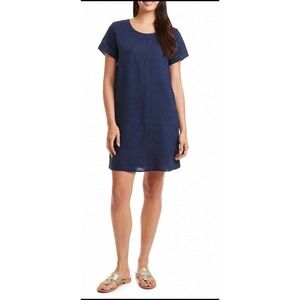 Femme Fatale Navy Blue Linen Embroidered Neck Short Sleeve Dress‎ Size Medium